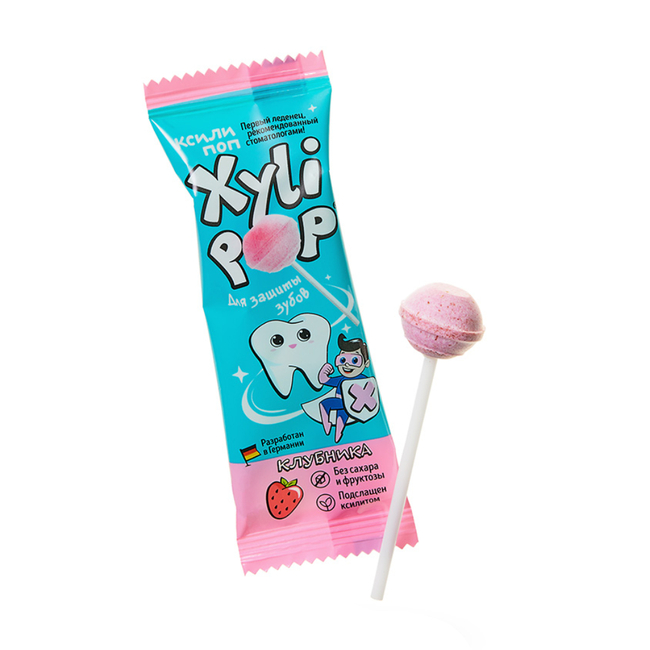 XyliPOP - леденцы с ксилитом для укрепления зубов, клубника (50 шт.) | Hager & Werken (Германия)