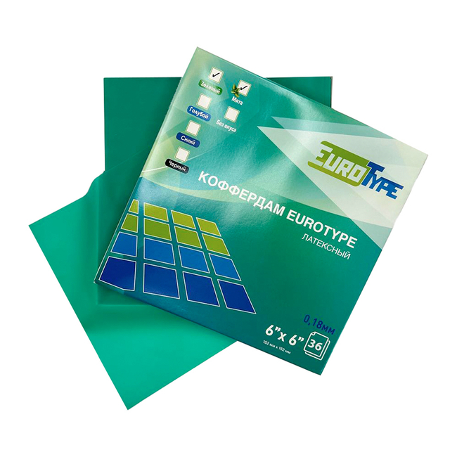 EuroType - латексный коффердам, цвет зеленый, с мятным вкусом, размер 152х152 мм, толщина 0.18 мм | EuroType (Россия) EuroType - латексный коффердам, цвет зеленый, с мятным вкусом, размер 152х152 мм, толщина 0.18 мм | EuroType (Россия)